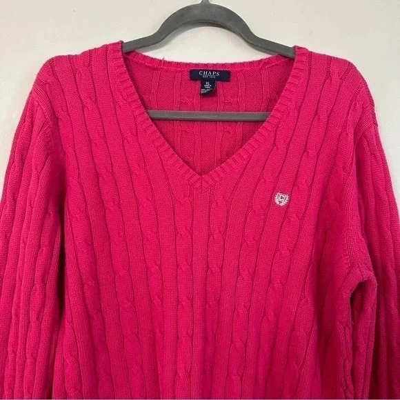 Chaps Cable Knit Hot Pink Long Sleeve V-Neck Sweater Size Large GUC - Picture 3 of 8